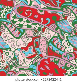Tracery seamless pattern. Mehndi design. 6 colors. Ethnic doodle texture. Curved doodling background. Vector