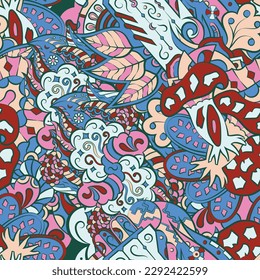 Tracery seamless pattern. Mehndi design. 7 colors. Ethnic doodle texture. Curved doodling background. Vector