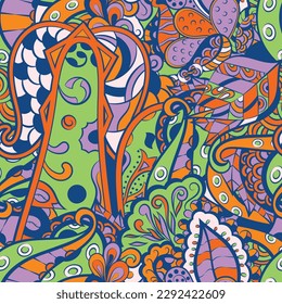 Tracery seamless pattern. Mehndi design. 6 colors. Ethnic doodle texture. Curved doodling background. Vector