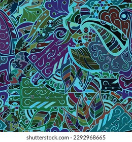 Tracery seamless pattern. Mehndi design. Dark sharp colors. Ethnic doodle texture. Curved doodling background. Vector