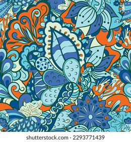 Tracery seamless pattern. Mehndi design. 7 colors. Ethnic doodle texture. Curved doodling background. Vector