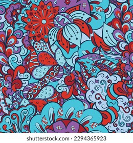 Tracery seamless pattern. Mehndi design. 7 colors. Ethnic doodle texture. Curved doodling background. Vector