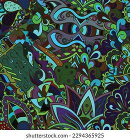 Tracery seamless pattern. Mehndi design. Dark sharp colors. Ethnic doodle texture. Curved doodling background. Vector