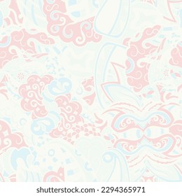 Tracery seamless pattern. Mehndi design. Pastel. 6 colors. Ethnic doodle texture. Curved doodling background. Vector