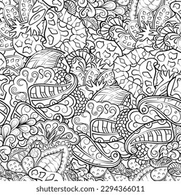 Tracery seamless pattern. Mehndi design. Binary monochrome black and white. Ethnic doodle texture. Curved doodling background. Vector