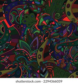 Tracery seamless pattern. Mehndi design. Dark sharp colors. Ethnic doodle texture. Curved doodling background. Vector