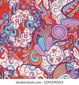 Tracery seamless pattern. Mehndi design. 6 colors. Ethnic doodle texture. Curved doodling background. Vector