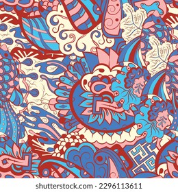 Tracery seamless pattern. Mehndi design. 6 colors. Ethnic doodle texture. Curved doodling background. Vector