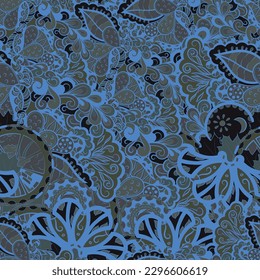 Tracery seamless pattern. Mehndi design. Dark sharp colors. 6 colors. Ethnic doodle texture. Curved doodling background. Vector
