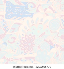 Tracery seamless pattern. Mehndi design. Pastel. 6 colors. Ethnic doodle texture. Curved doodling background. Vector