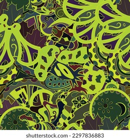 Tracery seamless pattern. Mehndi design. Dark sharp colors. Ethnic doodle texture. Curved doodling background. Vector