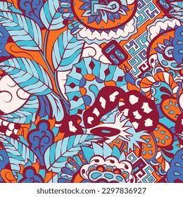 Tracery seamless pattern. Mehndi design. 6 colors. Ethnic doodle texture. Curved doodling background. Vector