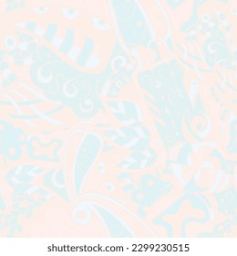 Tracery seamless pattern. Mehndi design. Pastel. 6 colors. Ethnic doodle texture. Curved doodling background. Vector
