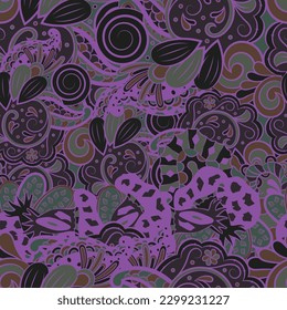 Tracery seamless pattern. Mehndi design. Dark sharp colors. 6 colors. Ethnic doodle texture. Curved doodling background. Vector