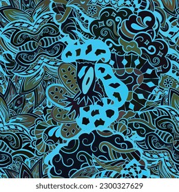 Tracery seamless pattern. Mehndi design. Dark sharp colors. Ethnic doodle texture. Curved doodling background. Vector