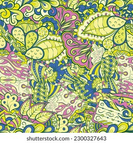 Tracery seamless pattern. Mehndi design. 7 colors. Ethnic doodle texture. Curved doodling background. Vector