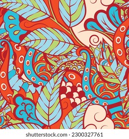 Tracery seamless pattern. Mehndi design. 6 colors. Ethnic doodle texture. Curved doodling background. Vector