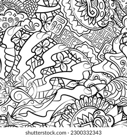 Tracery seamless pattern. Mehndi design. Binary monochrome black and white. Ethnic doodle texture. Curved doodling background. Vector