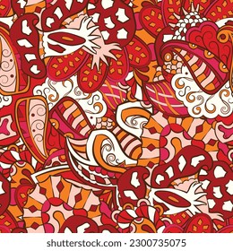 Tracery seamless pattern. Mehndi design. 7 colors. Ethnic doodle texture. Curved doodling background. Vector