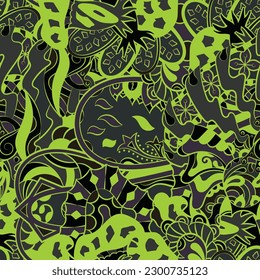 Tracery seamless pattern. Mehndi design. Dark sharp colors. 6 colors. Ethnic doodle texture. Curved doodling background. Vector