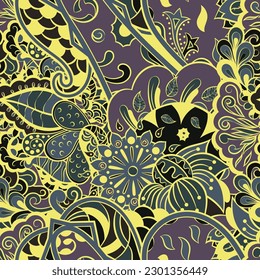 Tracery seamless pattern. Mehndi design. Dark sharp colors. 6 colors. Ethnic doodle texture. Curved doodling background. Vector