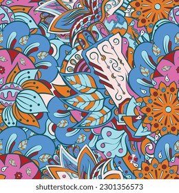 Tracery seamless pattern. Mehndi design. 7 colors. Ethnic doodle texture. Curved doodling background. Vector