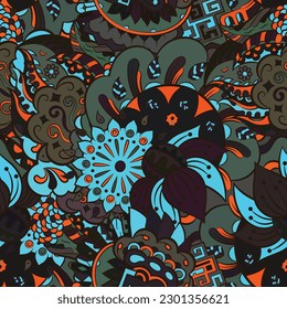Tracery seamless pattern. Mehndi design. Dark sharp colors. Ethnic doodle texture. Curved doodling background. Vector