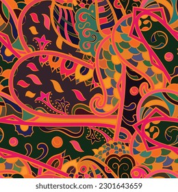 Tracery seamless pattern. Mehndi design. Dark sharp colors. Ethnic doodle texture. Curved doodling background. Vector