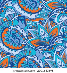 Tracery seamless pattern. Mehndi design. 6 colors. Ethnic doodle texture. Curved doodling background. Vector