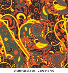 Tracery seamless pattern. Mehndi design. Dark sharp colors. 6 colors. Ethnic doodle texture. Curved doodling background. Vector