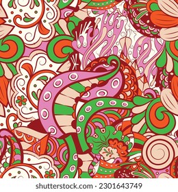 Tracery seamless pattern. Mehndi design. 6 colors. Ethnic doodle texture. Curved doodling background. Vector