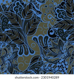 Tracery seamless pattern. Mehndi design. Dark sharp colors. 6 colors. Ethnic doodle texture. Curved doodling background. Vector