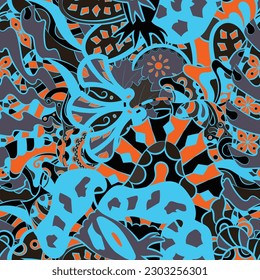 Tracery seamless pattern. Mehndi design. Dark sharp colors. 6 colors. Ethnic doodle texture. Curved doodling background. Vector