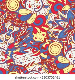 Tracery seamless pattern. Mehndi design. 6 colors. Ethnic doodle texture. Curved doodling background. Vector