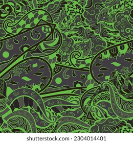 Tracery seamless pattern. Mehndi design. Dark sharp colors. 6 colors. Ethnic doodle texture. Curved doodling background. Vector