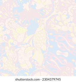Tracery seamless pattern. Mehndi design. Pastel. 6 colors. Ethnic doodle texture. Curved doodling background. Vector