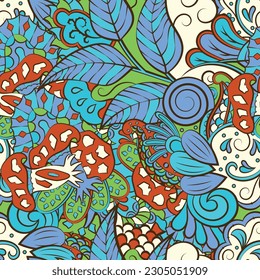 Tracery seamless pattern. Mehndi design. 7 colors. Ethnic doodle texture. Curved doodling background. Vector