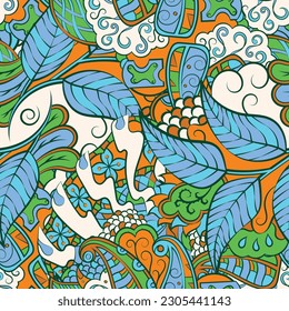 Tracery seamless pattern. Mehndi design. 7 colors. Ethnic doodle texture. Curved doodling background. Vector