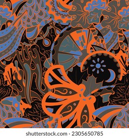 Tracery seamless pattern. Mehndi design. Dark sharp colors. 6 colors. Ethnic doodle texture. Curved doodling background. Vector