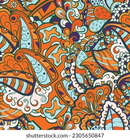 Tracery seamless pattern. Mehndi design. 7 colors. Ethnic doodle texture. Curved doodling background. Vector