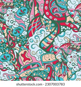 Tracery seamless pattern. Mehndi design. 6 colors. Ethnic doodle texture. Curved doodling background. Vector