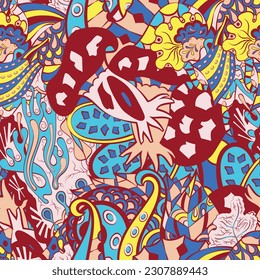 Tracery seamless pattern. Mehndi design. 6 colors. Ethnic doodle texture. Curved doodling background. Vector