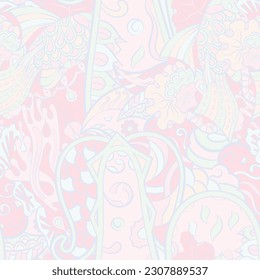 Tracery seamless pattern. Mehndi design. Pastel. 7 colors. Ethnic doodle texture. Curved doodling background. Vector