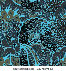 Tracery seamless pattern. Mehndi design. Dark sharp colors. 6 colors. Ethnic doodle texture. Curved doodling background. Vector