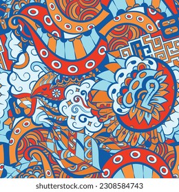 Tracery seamless pattern. Mehndi design. 6 colors. Ethnic doodle texture. Curved doodling background. Vector