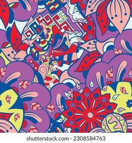 Tracery seamless pattern. Mehndi design. 6 colors. Ethnic doodle texture. Curved doodling background. Vector