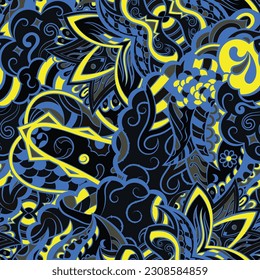Tracery seamless pattern. Mehndi design. Dark sharp colors. 6 colors. Ethnic doodle texture. Curved doodling background. Vector