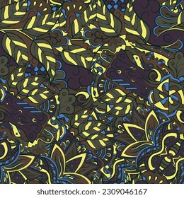 Tracery seamless pattern. Mehndi design. Dark sharp colors. 7 colors. Ethnic doodle texture. Curved doodling background. Vector