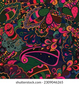 Tracery seamless pattern. Mehndi design. Dark sharp colors. Ethnic doodle texture. Curved doodling background. Vector