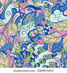 Motif harmonieux de trace. Design Mehndi. 6 couleurs. Texture ethnique de doodle. Arrière-plan gribouillage courbe. Image vectorielle